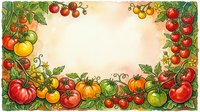 Colorful tomato varieties frame a cream background with ripe red, yellow, and green fruits on vine branches with leaves, suitable for food packaging and culinary designs.
