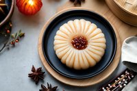 Traditional Asian dessert with sweet red bean paste filling on black ceramic plate, surrounded by star anise and seasonal decorations on gray surface.