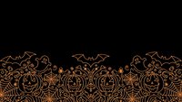 Halloween seamless border with pumpkins, bats and spiders in orange outline on black background. Decorative pattern for seasonal design projects.
