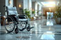 Empty wheelchair in sunlit hospital corridor with reflective floor and decorative plants, representing healthcare, accessibility and medical facility environment.