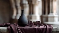 Dark ceramic vase and empty glasses on burgundy silk tablecloth against blurred ancient stone columns background creates moody atmospheric still life composition.