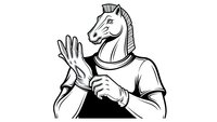 Anthropomorphic horse character in medieval armor making greeting gesture, black and white line art illustration isolated on white background.