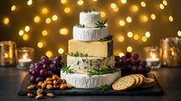 Elegant cheese wheel tower with grapes nuts and crackers on slate board with warm bokeh lights creating festive atmosphere for celebrations.