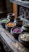 Assorted dried herbs, spices and seeds in rustic clay bowls on weathered wooden surface, moody natural lighting creates atmospheric food styling composition.