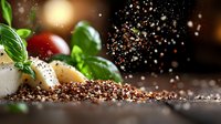 Fresh herbs and spices with scattered peppercorns in dynamic motion against dark background, fresh basil leaves and cherry tomatoes create gourmet composition.