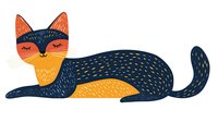 Stylized cat with navy blue and orange coloring, hand-drawn texture, and minimalist facial features, lying in relaxed pose on white background.
