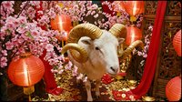 Goat with golden horns surrounded by pink cherry blossoms, red lanterns, and gold decorations in festive Asian-inspired setting for holiday celebrations.