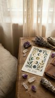 Mystical tarot card reading setup with crystals, sage bundles and dried lavender on wooden table in soft natural light for spiritual practices.