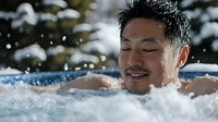 Young Asian man relaxing in outdoor hot tub with snow falling, enjoying winter spa wellness experience with steam rising from warm water.