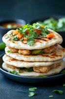 Stack of homemade flatbread filled with beans and fresh vegetables topped with cilantro on dark plate for healthy meal preparation and cooking.
