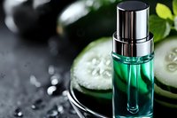 Green glass cosmetic serum bottle with silver pump dispenser alongside fresh cucumber slices on dark background, luxury skincare product photography.