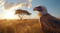 Majestic vulture against golden sunset in African savanna with acacia tree silhouette, dramatic sky and warm sunlight illuminating wild grass landscape.