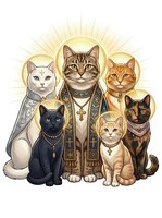 Group of five cats wearing ornate religious robes and golden halos, isolated on white background. Center tabby cat wears elaborate vestments with cross pendant. Surrounding cats include white, black, orange, and cream colored felines adorned with decorative collars and jewelry. Suitable for spiritual artwork, religious satire, t-shirt designs, and humorous clipart applications.