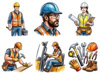 Generated illustration of male construction workers and tradespeople wearing safety helmets, reflective vests, and work gear, shown with various tools including hammers, wrenches, and equipment. Suitable for construction, labor, and industrial design projects.