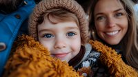 Young child wearing knit beanie and cozy winter jacket smiles warmly while snuggling with parent, capturing genuine family bonding moment in cold weather.