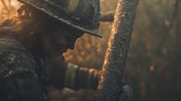 Silhouette of firefighter in protective gear during emergency response, illuminated by dramatic golden light and smoke particles, showing heroic first responder at work.