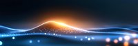 Glowing wave lines with orange and blue light effects on dark background, abstract digital technology concept with bokeh and sparkles. Dynamic motion design.