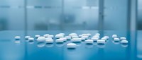 White pharmaceutical pills scattered on reflective blue surface in modern medical laboratory setting for healthcare and medicine concepts.