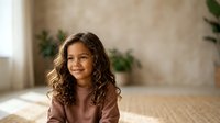 Young girl with long curly brown hair and mixed ethnicity, wearing a brown shirt, smiling indoors near window with natural light and potted plants in background.