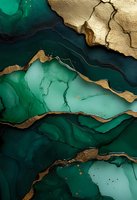 Abstract emerald green and gold marble effect with flowing liquid textures and metallic accents creates luxurious art background for elegant interior design.