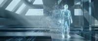 Young adult male with light skin tone, standing in modern futuristic environment, dissolving into digital particles and light. Represents technology, innovation, data transformation, and digital human concept for tech industry use.