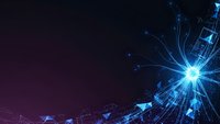 Futuristic digital network with glowing blue connections and data streams on dark gradient background for technology presentations and cyber concepts.