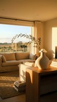 Warm sunlit living room with beige sofa, wooden coffee table, ceramic vase with dried branches, and large window overlooking countryside landscape.