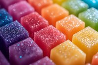 Colorful sugar-coated gummy candy cubes arranged in rainbow rows with sparkly crystalline texture, macro close-up showing sweet confectionery details and vibrant colors.