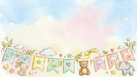 Watercolor nursery bunting with teddy bear, elephant, clouds, stars, and moon on soft pastel background. Whimsical banner design for baby room decor, children's illustrations, greeting cards, and nursery wall art.