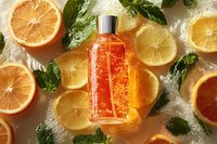 Orange citrus shower gel bottle surrounded by fresh orange and lemon slices with mint leaves on wet surface. Natural cosmetic product for skincare.