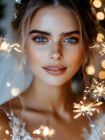 Young woman with bright blue eyes and natural makeup smiling while sparklers create magical bokeh light effects in warm evening atmosphere. Perfect for holiday advertising.