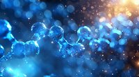 Glowing blue DNA strand with bokeh lights and particles on dark background, scientific molecular structure visualization for medical and biotech concepts.