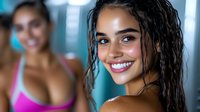 Young Hispanic woman with wet hair and bright smile at fitness center, wearing pink sports bra, turquoise background with second woman blurred in background.