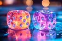 Glowing translucent dice with pink and blue neon colors on reflective wet surface against blurred bokeh background, dramatic casino gaming concept for luck and chance.
