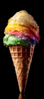 Rainbow ice cream cone with multiple vibrant colored scoops stacked in a crispy waffle cone, isolated on black background. Perfect for food, dessert, and summer beverage designs.