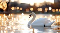 Elegant white swan swimming peacefully on calm water with warm golden bokeh lights reflecting on surface creating romantic atmosphere at sunset.