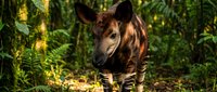 Young okapi calf standing in lush tropical rainforest with dappled sunlight filtering through green foliage creating natural wildlife habitat scene.