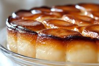 Homemade caramel flan dessert with golden brown caramelized top layer and creamy custard base served on glass plate, close up view of traditional Latin dessert.
