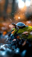 Small turtle walking on moss-covered rock in shallow water with blurred forest background and bokeh lights, suitable for nature, wildlife, and environmental design projects.