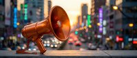 Orange megaphone on urban street with blurred city lights and traffic in background. Communication, announcement, marketing and public speaking concept.