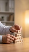 Businessman hands stacking wooden blocks with insurance icons representing home, car, health and life coverage protection services.