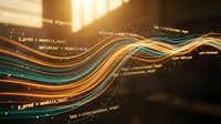 Abstract digital data streams with glowing code text flowing in curved waves against dark background for technology and programming concepts.