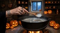 Witch stirring bubbling cauldron with wooden spoon in dark kitchen surrounded by glowing jack-o-lanterns, shelves with potion bottles and dried herbs, preparing magical Halloween potion.