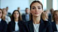 Young professional woman in business attire looking confidently at camera during corporate meeting, with diverse colleagues in background. Leadership concept.
