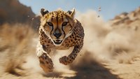Running cheetah in dynamic motion through desert landscape, fierce expression with open mouth showing teeth, dust clouds swirling in dramatic action scene.