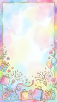 Pastel watercolor frame with shopping bags, balloons, gifts, and flowers on gradient background, isolated on white for greeting cards, invitations, posters, and celebratory designs.