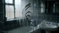 Raindrops cascade down window glass creating abstract patterns while blurred urban architecture forms atmospheric backdrop in moody interior setting.