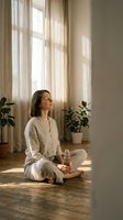 Young woman meditating in peaceful morning sunlight at home wearing linen pajamas, sitting cross-legged on wooden floor with houseplants and soft curtains.