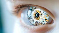 Futuristic cyber eye with digital circuit pattern reflection. Close up macro shot showing technological enhancement concept in human vision system.