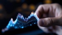 Businessman hand touching glowing blue digital stock market graph with upward trend line, representing financial growth, investment analysis, and trading data visualization for business concepts.